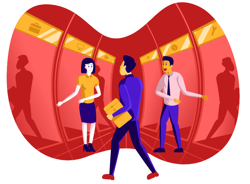 Illustration of 1 business woman and 1 business man both welcoming a job applicant into their career fair stalls